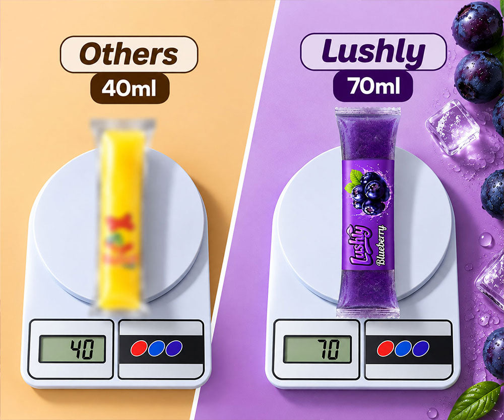 Lushly 70ml ice lolly compared with a regular 40ml ice lolly